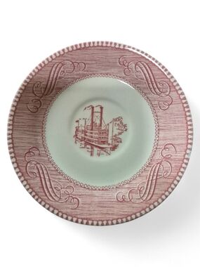 Red Transferware Decorative Saucer Classic Paddlewheel Steamboat Motif